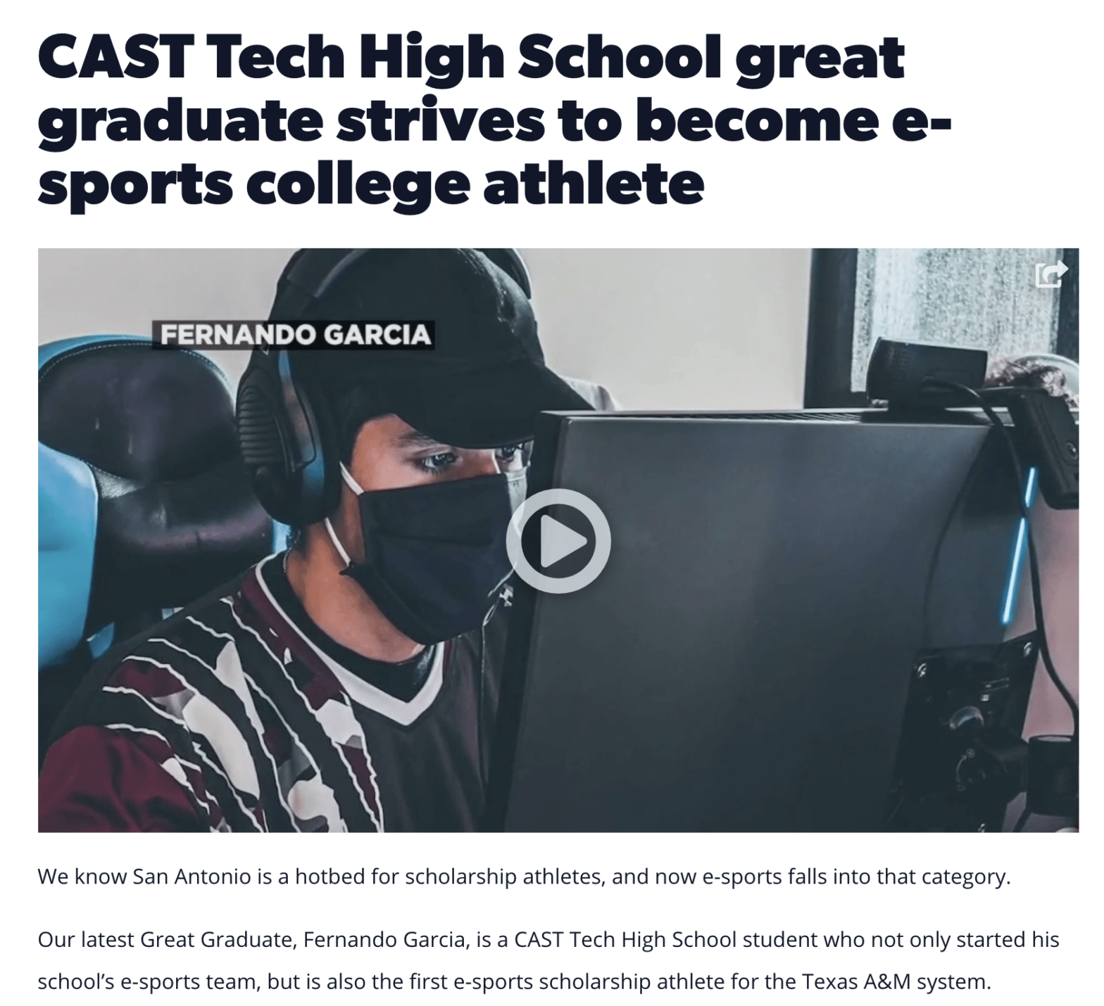 KSAT great graduate CAST Tech great graduate strives to become e-sports college athlete