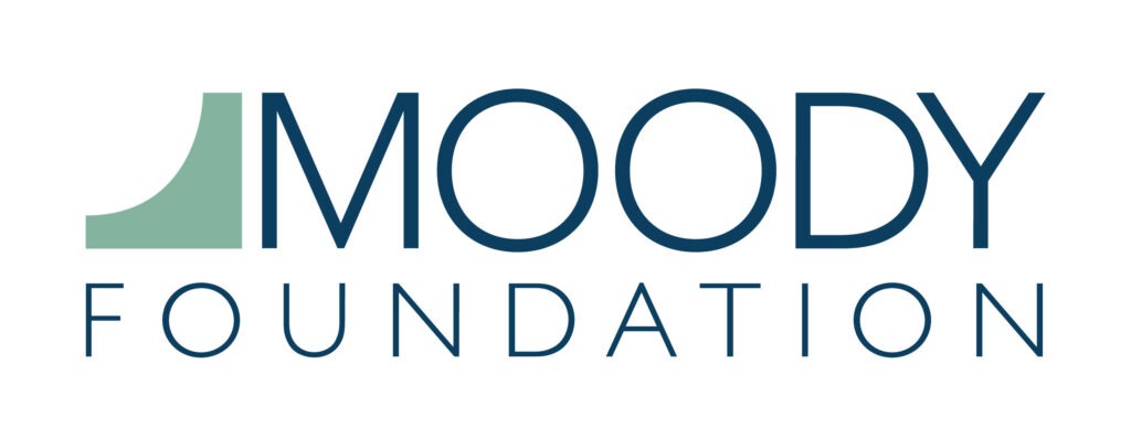 Moody Foundation's logo; seafoam green shape that looks like a backwards L rounded on the inside and foundation name capitalized in thin blue text