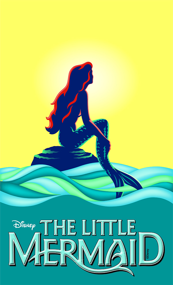 Illustrated, play poster reading "Disney The Little Mermaid" with a silhouette of a mermaid with long red hair sitting on a rock surrounded by turquoise water and a bright yellow sky in the background/horizon